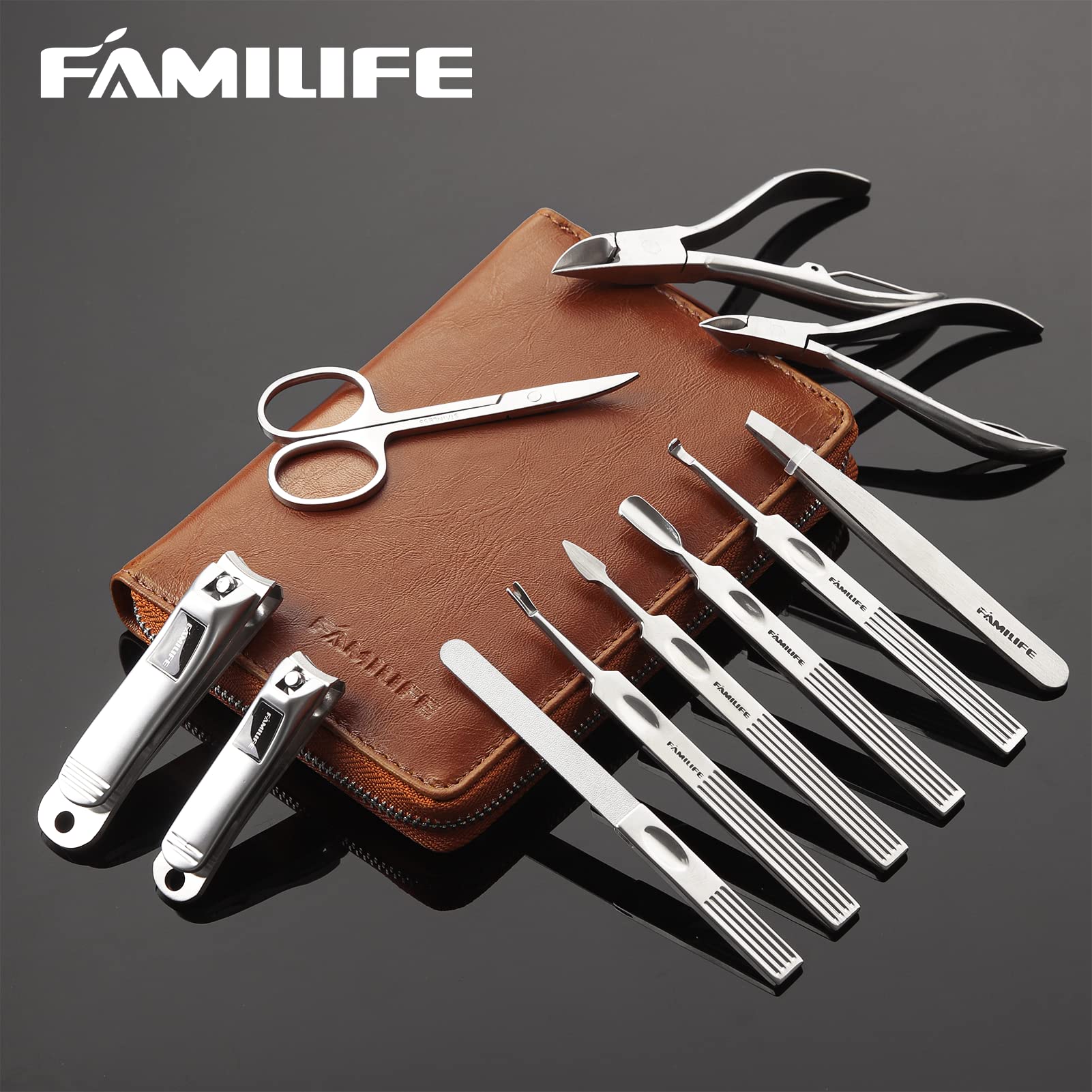Manicure Set, FAMILIFE Professional Manicure Kit Nail Clippers Set 11 in 1 Stainless Steel Pedicure Tools Kit Nail Kit Men Grooming Kit with Portable Brown Leather Travel Case Luxury Gifts for Him