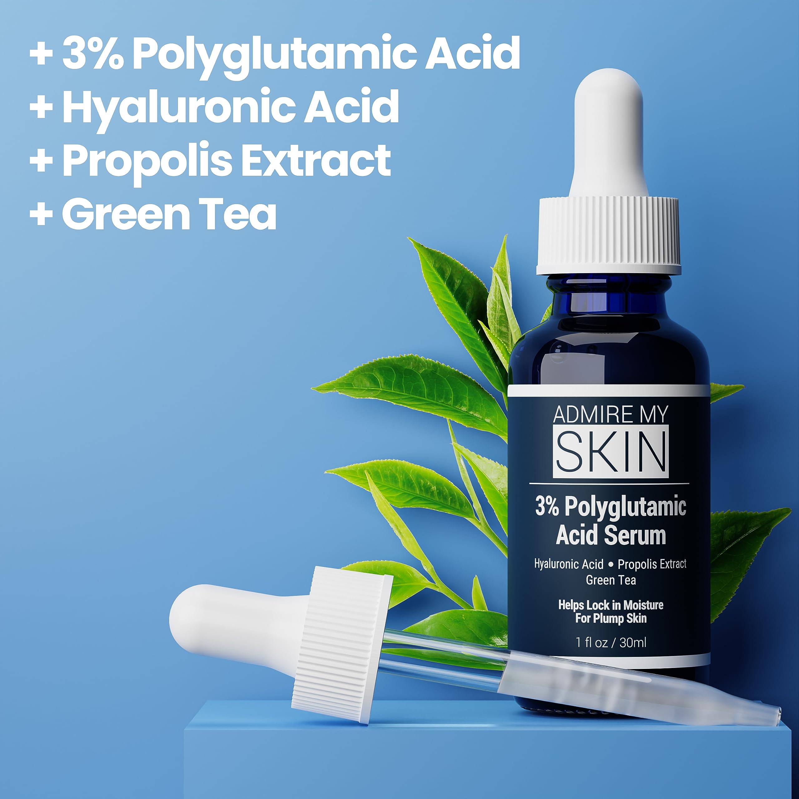 Admire My Skin Organic Polyglutamic Acid Facial Serum - Powerful Hydration & Anti Aging + Hyaluronic Acid + Propolis 1oz